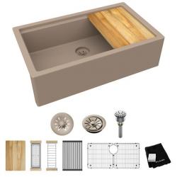 ELXUFP362010SN0 QUARTZ LUXE 10 INCH APRON FARMHOUSE WORKSTATION SINK KIT W/PERFECT DRAIN SANDSTONE