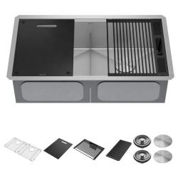 95B931-33D-SS RIVET 33 INCH WORKSTATION UNDERMOUNT 16 GAUGE STAINLESS STEEL 50/50 DOUBLE BOWL W/WORKFLOW LEDGE AND ACCESSORIES